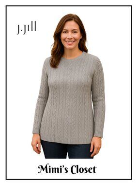 J.JILL Gray Crew Neck Cable Knit Sweater - Size L